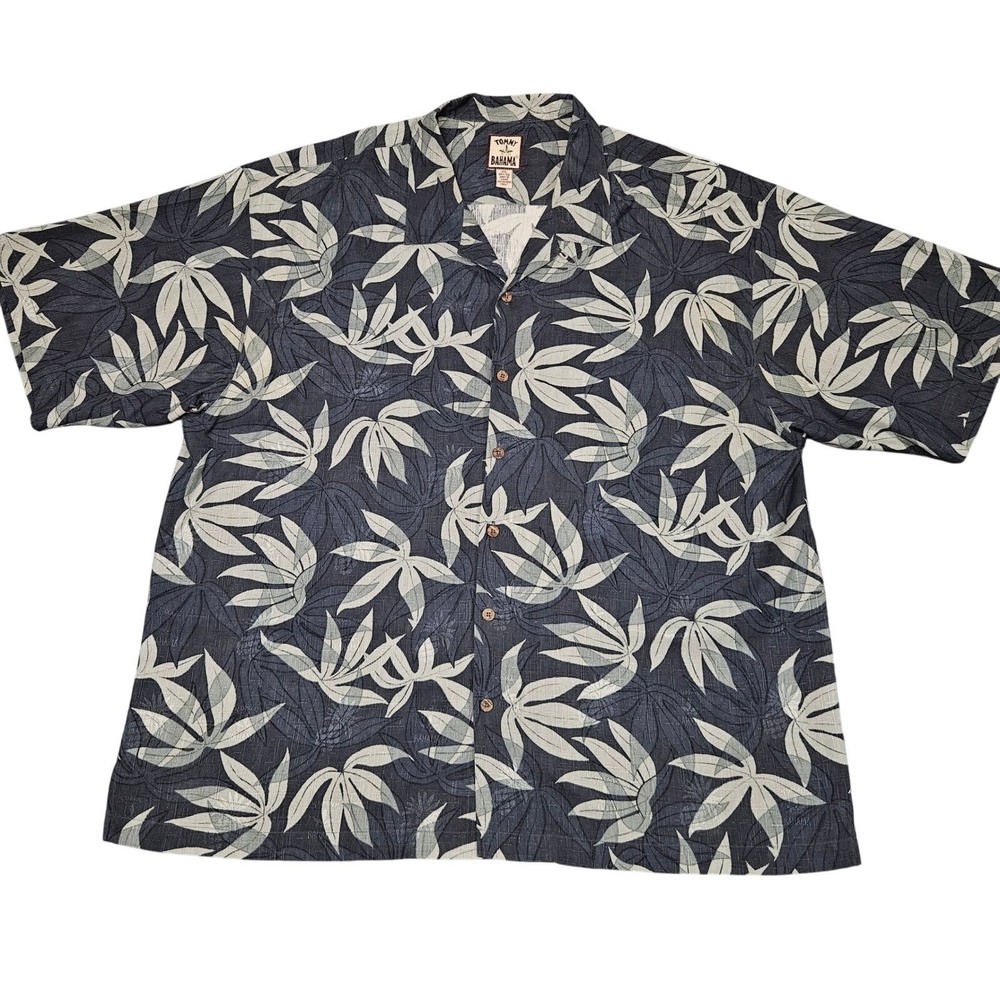 Tommy Bahama 100% Silk Camp Shirt XXL Blue Gray Palm Leaf Floral Hawaiian Aloha